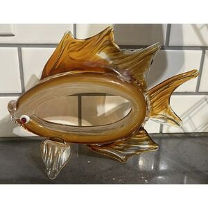 Hand Blown Art Glass FISH Figurine Brown Open Middle 9" Beach Ocean‎ Decor